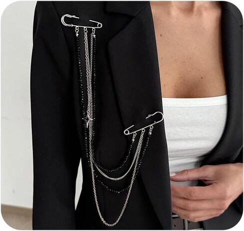 Silver Long Chain Tassel Brooch for Women,Trendy Punk Fringe Tiny Star Brooches Pin,Dainty Suit Jacket Pins Y2k Jewelry Accessories in Kuwait