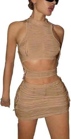 Skirt Sets Women 2 Piece Outfits, Asymmetrical Hollow-Out Vest + Drawstring Skirt Two-Piece Set For Women in Saudi Arabia