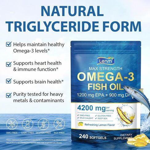 Omega-3 Fish Oil, 240 Softgels Triple Strength 4200mg per Serving with 1200mg EPA & 900mg DHA, Lemon Flavor, Wild Caught ﻿ in Kuwait