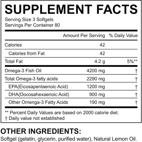 Omega-3 Fish Oil, 240 Softgels Triple Strength 4200mg per Serving with 1200mg EPA & 900mg DHA, Lemon Flavor, Wild Caught ﻿ in Kuwait