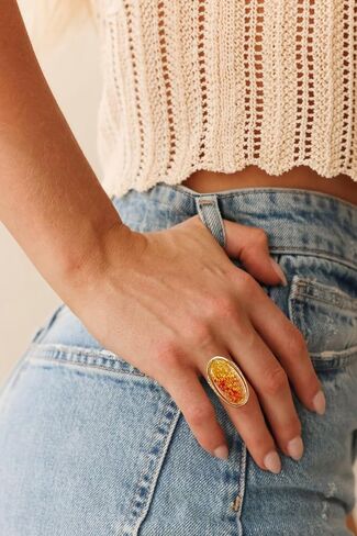 Boho Natural Amber Ring for Women, Handmade Vintage Bohemian Statement Large Ring Gemstone Jewelry for Daily Wear in Saudi Arabia