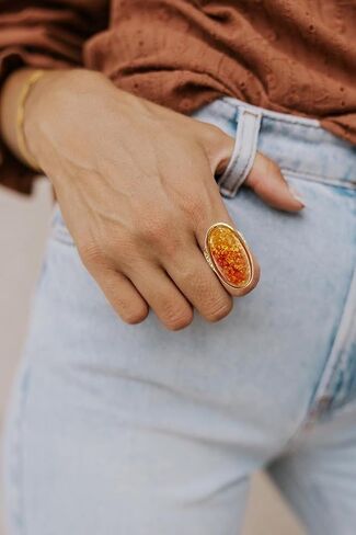 Boho Natural Amber Ring for Women, Handmade Vintage Bohemian Statement Large Ring Gemstone Jewelry for Daily Wear in Saudi Arabia