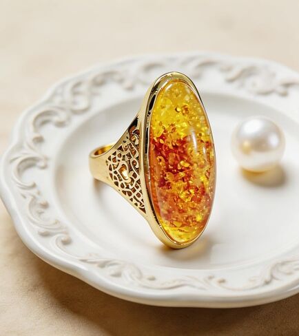Boho Natural Amber Ring for Women, Handmade Vintage Bohemian Statement Large Ring Gemstone Jewelry for Daily Wear in Saudi Arabia