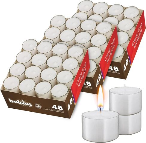 BOLSIUS 48 Unscented Tea Lights in Clear Cups - 8 Burn Hours - Premium European Quality - Consistent Smokeless Flame - 100% Cotton Wick - Dinner, Wedding, Party, Spa, Church, & Home Décor Tealights in Saudi Arabia