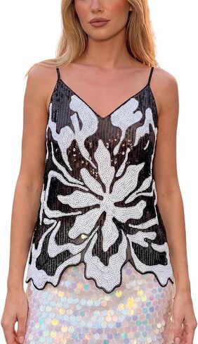 Women's Sequin Camisole Spaghetti Strap Tank Tops V-Neck Slim Fit Y2k Cropped Cami Top Club Streetwear in Saudi Arabia