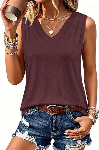 Womens Loose Fit Casual Flowy Tank Tops V Neck Pleated Dressy Trendy Sleeveless Blouses Summer Business Work Shirts in Saudi Arabia