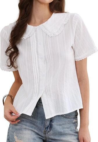 Allegra K Short Sleeve Shirts for Women Ruffle Peter Pan Collar Button Down Cotton Blouse Casual Summer Tops in Saudi Arabia