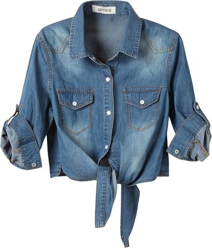 Women's Jean Jacket Women 3/4 Sleeve Tie Knot Shirt Summer Lightweight Denim Layer Modern Denim Crop Top Chambray Cardigan in Saudi Arabia