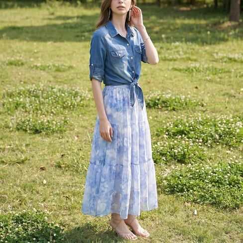 Women's Jean Jacket Women 3/4 Sleeve Tie Knot Shirt Summer Lightweight Denim Layer Modern Denim Crop Top Chambray Cardigan in Kuwait