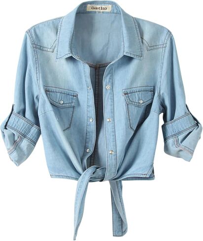 Women's Jean Jacket Women 3/4 Sleeve Tie Knot Shirt Summer Lightweight Denim Layer Modern Denim Crop Top Chambray Cardigan in Kuwait