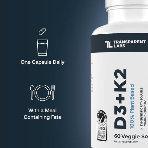 Transparent Labs Vitamin D3 K2 - Vitamin D & K2 Vitamin Supplement for Men & Women, Vegan-Friendly D3K2 5000 IU Supplements to Support Bone, Immune, and Overall Health - K2 D3 60 Capsules in Saudi Arabia