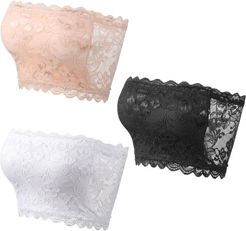 ElevateTech Lace Tube Top Bra, 3 Pcs Women's Floral Lace Bandeau Bra Strapless Modesty Panel Cleavage Cover Up for Low Neckline Seamless Front Stretch Bralette for Women B or A Cup (White, Black, Skin in Kuwait