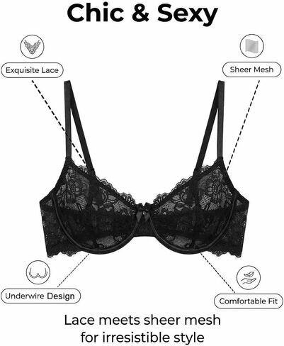 Avidlove Women's Lace Bra Sexy Balconette Sheer Mesh Demi Bras Unlined Lingerie Black A-D, M in Kuwait