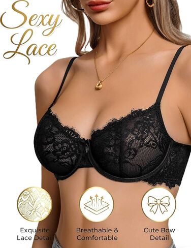 Avidlove Women's Lace Bra Sexy Balconette Sheer Mesh Demi Bras Unlined Lingerie Black A-D, M in Kuwait