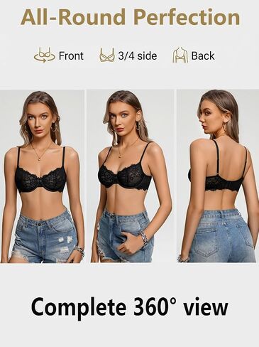 Avidlove Women's Lace Bra Sexy Balconette Sheer Mesh Demi Bras Unlined Lingerie Black A-D, M in Kuwait