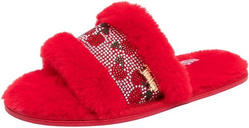 Juicy Couture Women's Faux Fur House Slippers, Open Toe Slides, Plush Faux Fur Flat Indoor Outdoor Footwear in Saudi Arabia