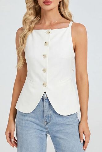 Ladyful المرأة بسط سترة دون أكمام أعلى ساحة الرقبة زر أسفل Peplum السترة سترة تانك القمم المجهزة ملابس خارجية in Kuwait