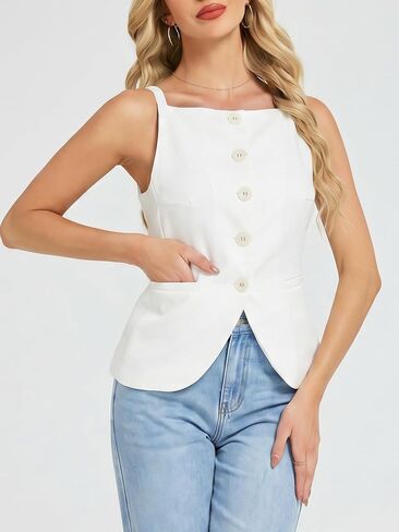 Ladyful المرأة بسط سترة دون أكمام أعلى ساحة الرقبة زر أسفل Peplum السترة سترة تانك القمم المجهزة ملابس خارجية in Kuwait