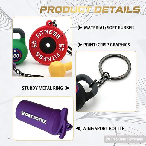 20 Pcs Gym Keychain Bulk for Men Women, Barbell Dumbbells Kettlebell Bottle Keychain, Soft PVC Weightlifting Keychain Motivational Gifts for Gym Members & Workout Partners for Handbag Purse Backpack in Saudi Arabia