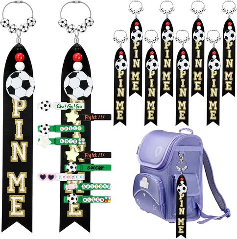 Yinder 8 Pcs Soccer Cheer Pin Me Ribbons Spirit Bag Tags with Acrylic Ball Charm Keychain, Soccer Cheer Gift for Girls Backpack Decoration Sports Party Favors in Kuwait