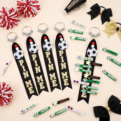 Yinder 8 Pcs Soccer Cheer Pin Me Ribbons Spirit Bag Tags with Acrylic Ball Charm Keychain, Soccer Cheer Gift for Girls Backpack Decoration Sports Party Favors in Kuwait