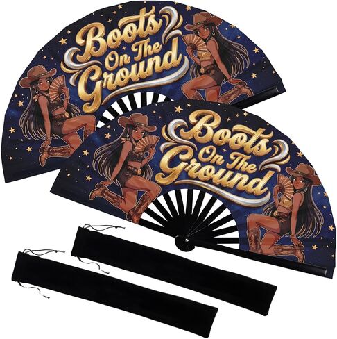 Arttown 2 Pack Large 13" Loud Clack Fan for Line Dancing, Bamboo Folding Hand Fans with Fabric Pouches, Boots on The Ground Popping Fan for Western Cowgirl Rave Festival Party, (Style 4) in Saudi Arabia
