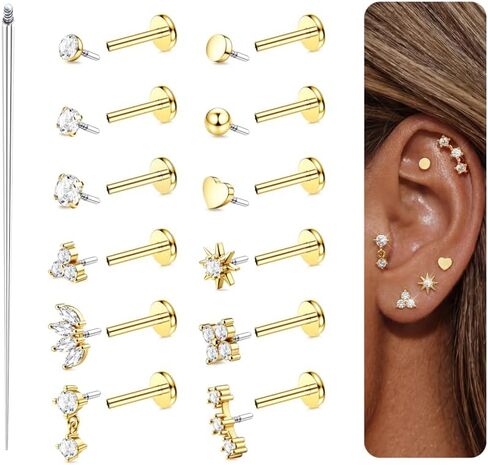 TEN MIRO 16G 18G 20G Flat Back Stud Earrings for Women Hypoallergenic Surgical Steel Nose Studs Internal Thread 14K Gold Plated Lip Rings Nose Piercings Cartilage Tragus Helix Piercing Jewelry in Saudi Arabia