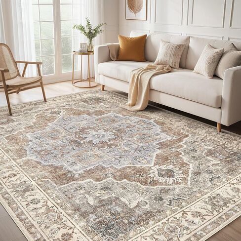5x7 Vintage Area Rug: Washable Neutral Soft Non Slip Thin Large Floor Carpet for Living Room Bedroom Kitchen Dining Room Home Office Farmhouse Indoor - Taupe in Saudi Arabia