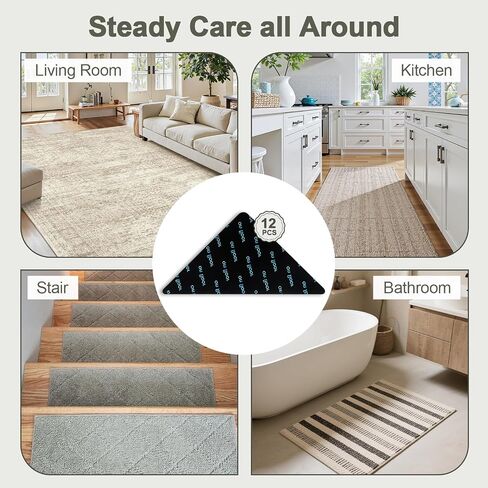 12 Pcs Rug Grip Pads for Hardwood Floors and Tiles, Non Slip Rug Grippers, Heavy Duty Corner Grippers for Rugs, Washable & Reusable Carpet Tape Alternative, Keep Rugs in Place & Corners Flat in Saudi Arabia