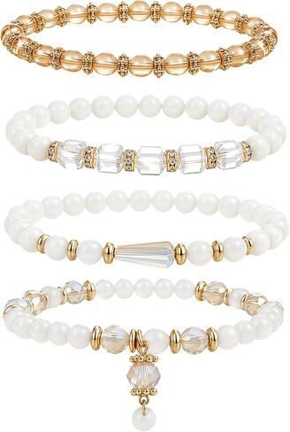 4PCS Boho Stackable Bracelet Set for Women, Multilayer Crystal Glass Beaded Stretch Bracelets with Gold Spacer Charm Pendant, Bohemian Beach Vacation Jewelry in Kuwait