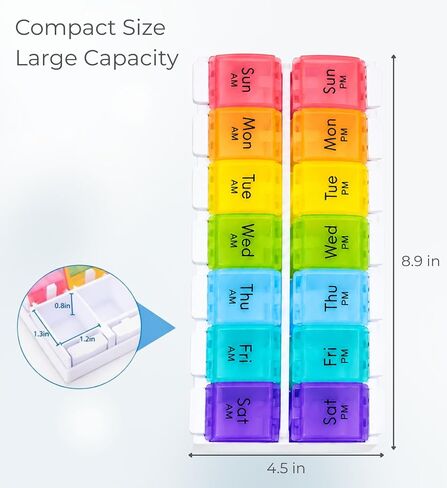 Weekly Pill Organizer 2 Times a Day, 7 Day AM PM Pill Box with Easy Push Button, Separate Morning & Evening Trays, Large Capacity Medicine Organizer for Vitamins, Fish Oil & Supplements, BPA-Free in Saudi Arabia