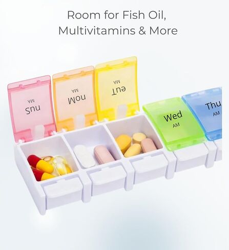Weekly Pill Organizer 2 Times a Day, 7 Day AM PM Pill Box with Easy Push Button, Separate Morning & Evening Trays, Large Capacity Medicine Organizer for Vitamins, Fish Oil & Supplements, BPA-Free in Saudi Arabia