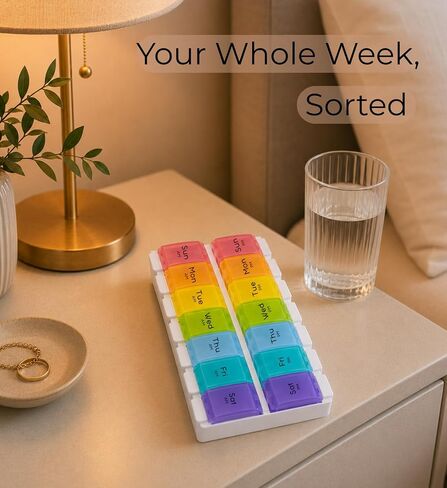 Weekly Pill Organizer 2 Times a Day, 7 Day AM PM Pill Box with Easy Push Button, Separate Morning & Evening Trays, Large Capacity Medicine Organizer for Vitamins, Fish Oil & Supplements, BPA-Free in Saudi Arabia