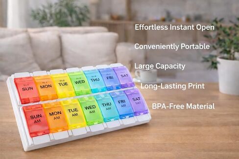 Weekly Pill Organizer 2 Times a Day, 7 Day AM PM Pill Box with Easy Push Button, Separate Morning & Evening Trays, Large Capacity Medicine Organizer for Vitamins, Fish Oil & Supplements, BPA-Free in Saudi Arabia