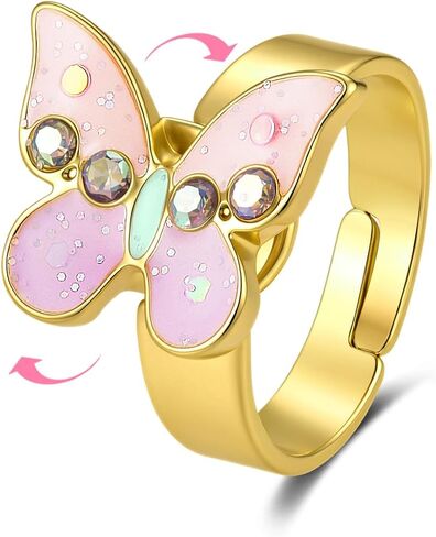 Fidget Ring for Kids 18K Gold Plated Adjustable Anxiety Spinner Rings for Girls Teens Butterfly Heart Cat Sunflower Queen Silent Sensory Mood Ring for ADHD Autism Focus Gift in Saudi Arabia