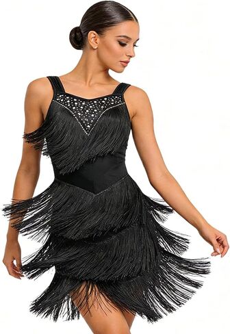 ODASDO Women Fringe Latin Dance Dress, 1920s Gatsby Flapper Dresses with Tassel Rhinestone, Salsa Ballroom Dancing Outfit in Kuwait