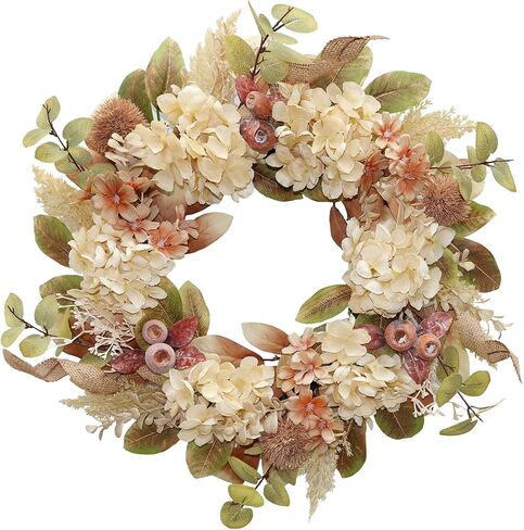 18 Inch Lush Fall Wreath for Front Door, Boho Brown Outdoor Wreath with Faux Dried Hydrangea Pampas Burlap & Flowers, Farmhouse Fall Winter Thanksgiving Harvest Décor in Saudi Arabia