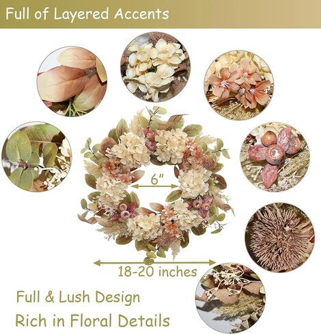 18 Inch Lush Fall Wreath for Front Door, Boho Brown Outdoor Wreath with Faux Dried Hydrangea Pampas Burlap & Flowers, Farmhouse Fall Winter Thanksgiving Harvest Décor in Saudi Arabia