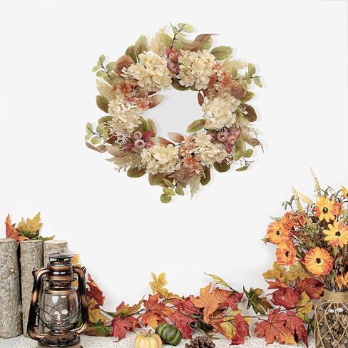 18 Inch Lush Fall Wreath for Front Door, Boho Brown Outdoor Wreath with Faux Dried Hydrangea Pampas Burlap & Flowers, Farmhouse Fall Winter Thanksgiving Harvest Décor in Saudi Arabia