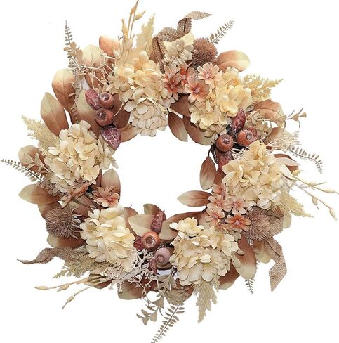 18 Inch Lush Fall Wreath for Front Door, Boho Brown Outdoor Wreath with Faux Dried Hydrangea Pampas Burlap & Flowers, Farmhouse Fall Winter Thanksgiving Harvest Décor in Saudi Arabia