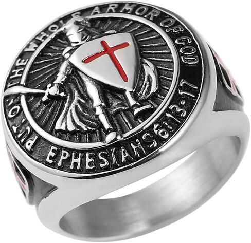 GAUEIOUR Knights Templar Ring for Men,Red Cross Design Ephesians Men's Stainless Steel Retro Fashion Personality Ring Guardian Jewelry Gift,Size 8(Silver) in Saudi Arabia