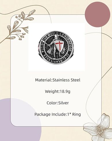 GAUEIOUR Knights Templar Ring for Men,Red Cross Design Ephesians Men's Stainless Steel Retro Fashion Personality Ring Guardian Jewelry Gift,Size 8(Silver) in Saudi Arabia