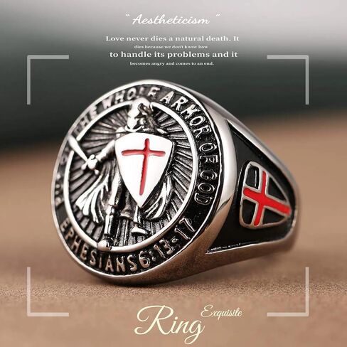 GAUEIOUR Knights Templar Ring for Men,Red Cross Design Ephesians Men's Stainless Steel Retro Fashion Personality Ring Guardian Jewelry Gift,Size 8(Silver) in Saudi Arabia