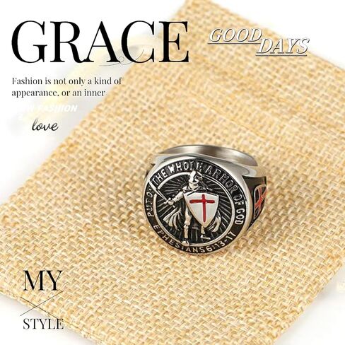GAUEIOUR Knights Templar Ring for Men,Red Cross Design Ephesians Men's Stainless Steel Retro Fashion Personality Ring Guardian Jewelry Gift,Size 8(Silver) in Saudi Arabia