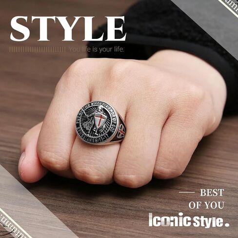 GAUEIOUR Knights Templar Ring for Men,Red Cross Design Ephesians Men's Stainless Steel Retro Fashion Personality Ring Guardian Jewelry Gift,Size 8(Silver) in Saudi Arabia