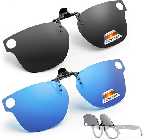JO Clip-On Sunglasses for RW4006 RW4012 Size 50-22, 2 Pairs Polarized Flip-Up Sun Lens Camera-Cutout Design Black & Blue (Black+Blue, 50-22) in Saudi Arabia