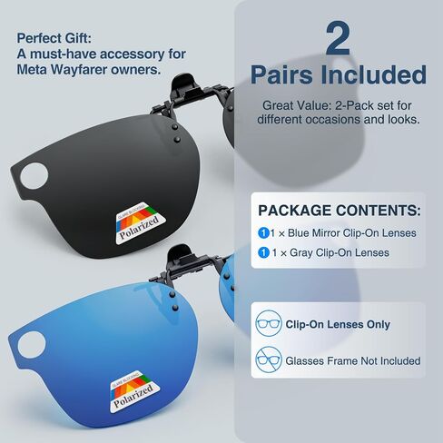 JO Clip-On Sunglasses for RW4006 RW4012 Size 50-22, 2 Pairs Polarized Flip-Up Sun Lens Camera-Cutout Design Black & Blue (Black+Blue, 50-22) in Saudi Arabia