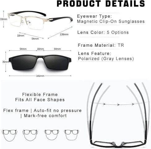 Magnetic 5Pcs Clip-On Sunglasses Set for Men and Women-for Dad Fathers Day gift – Business Half-Rim Polarized UV Protection Eyewear & Magnetic Frames for Night Driving & Fishing in Saudi Arabia