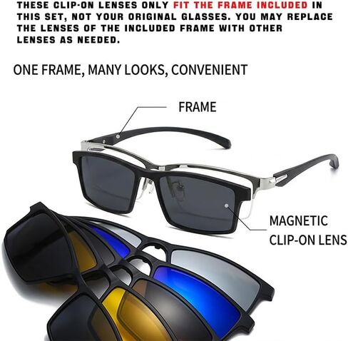 Magnetic 5Pcs Clip-On Sunglasses Set for Men and Women-for Dad Fathers Day gift – Business Half-Rim Polarized UV Protection Eyewear & Magnetic Frames for Night Driving & Fishing in Saudi Arabia