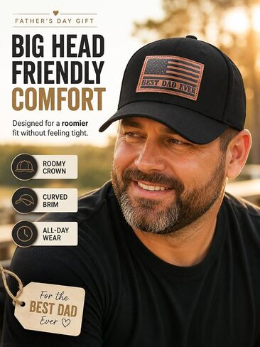 XL Big Head Dad Hats for Men, Best Dad Ever American Flag Leather Patch Cap, Father’s Day, 23.5"-25.5“ Oversized Adjustable Black Baseball Cap for 4th of July, Work, Daily Wear in Saudi Arabia